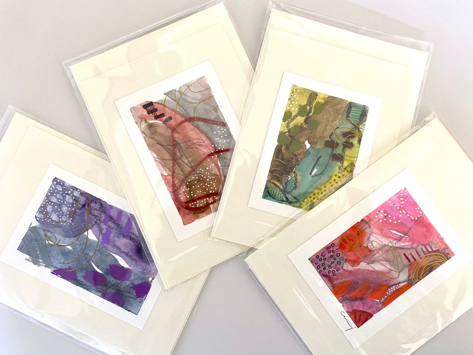 Karten: 4-er Set Aquarell-Kunstkarten, handgemalt, Grusskarten – Neu und originalverpackt aus Fanas von Omibia