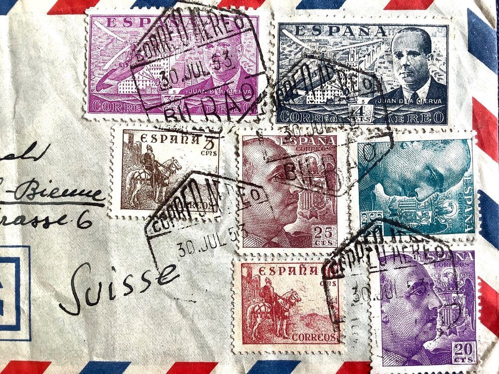 Tutti i francobolli: 1953-55 / 3 Spanien Briefe /2 x Flugpost – Usato da Liestal venduto da Skunk02 1