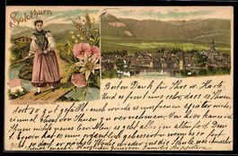 Litho Solothurn, Trachtenfrau, Blumen un