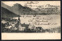 Weggis, Ortspartie mit Kirche und Blick 