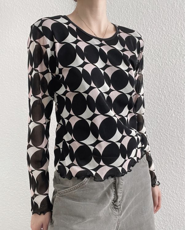 French Vintage Red Graphic Mesh Long Sleeve Top (XS/S)