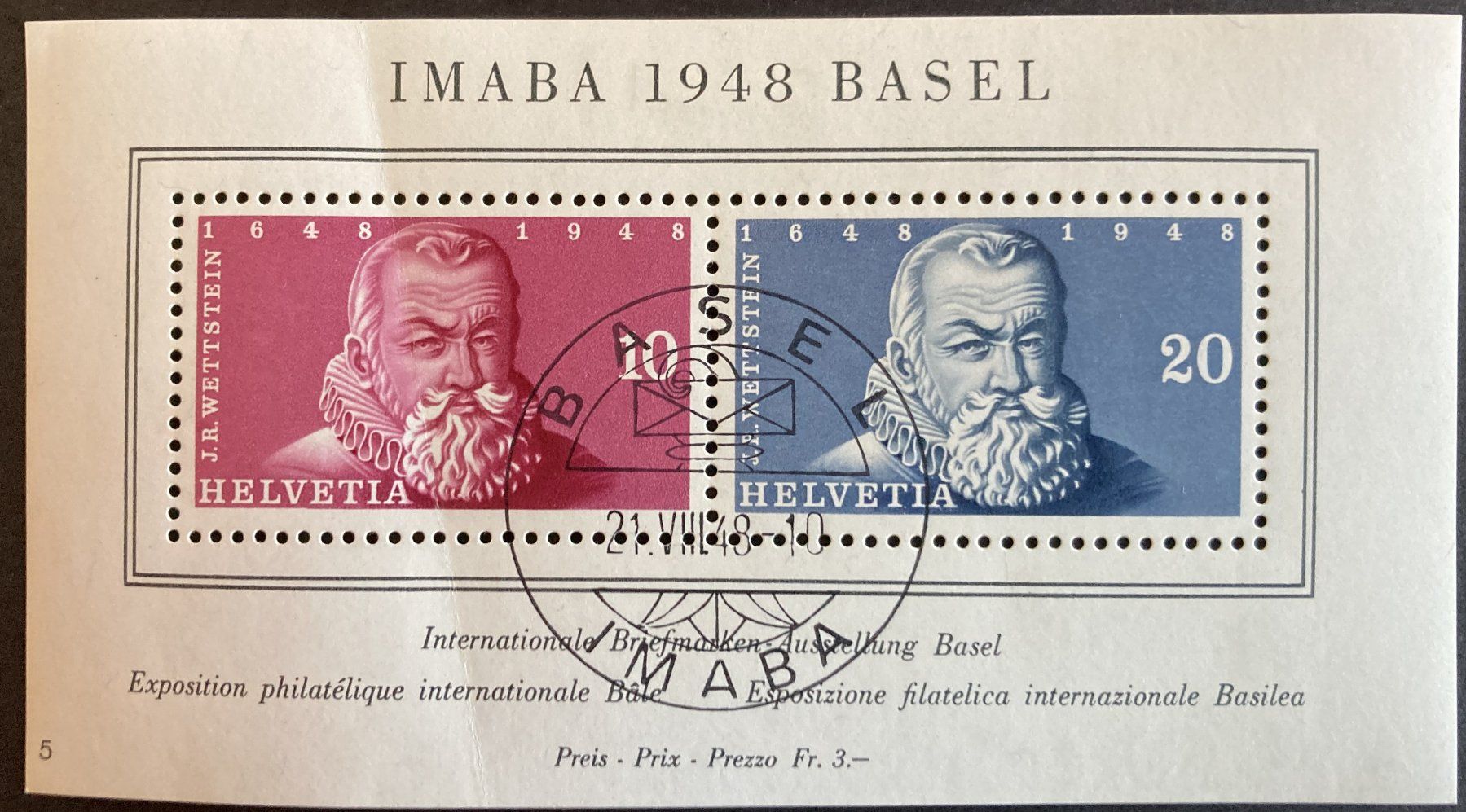 Alle Briefmarken: IMABA Block W31, 1948 ET gestempelt, mit Bug, SBK 90 Fr. – Gebraucht aus Flawil von Furti