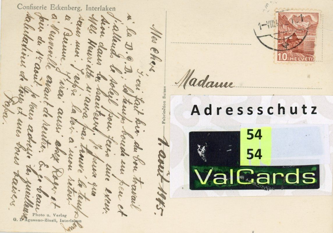 Cartes postales: Interlaken  BE   -   Confiserie ECKENBERG      um  1 9 4 5 – D'occasion à Brig par Valcards54 1