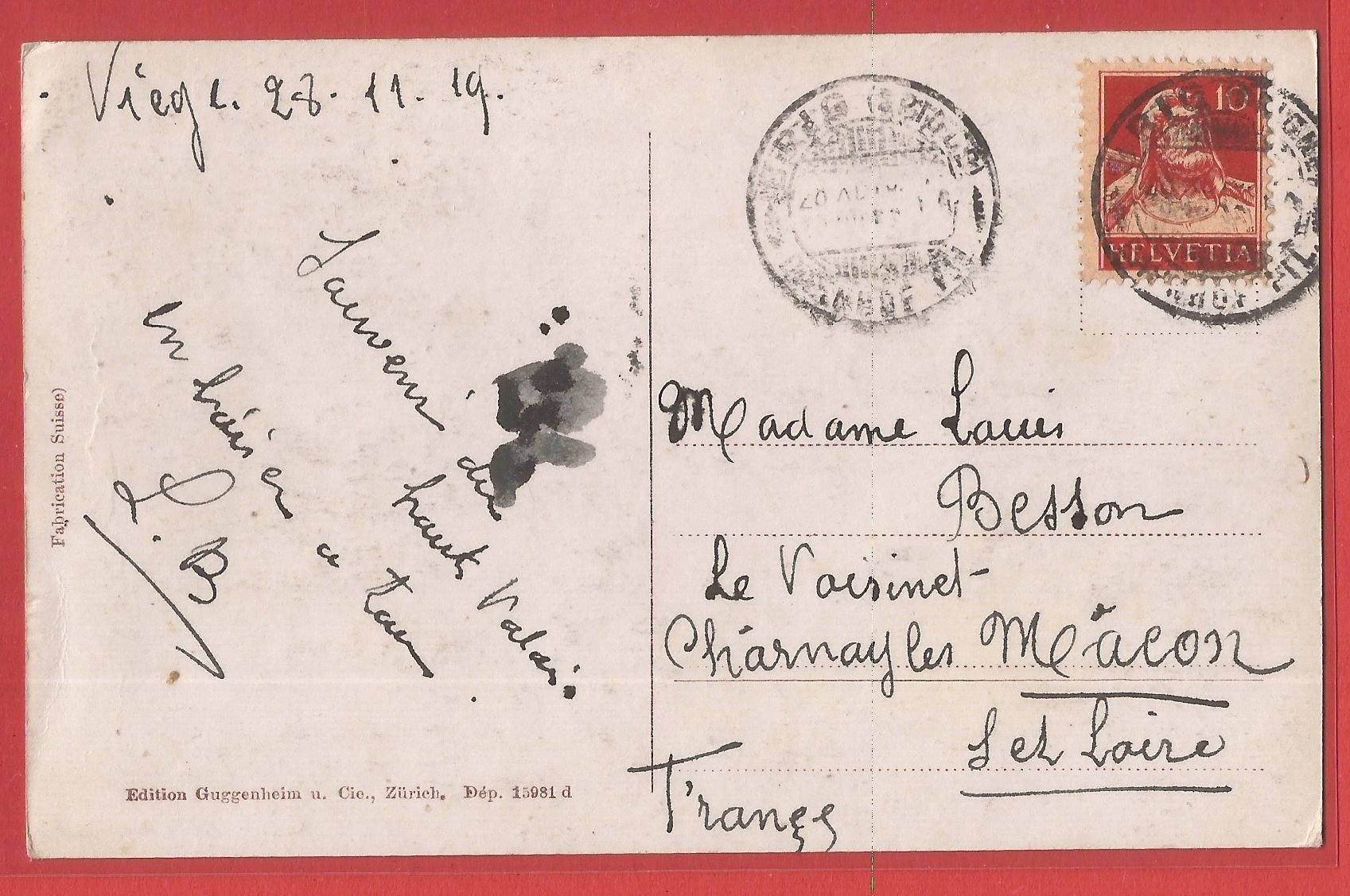 Cartoline postali: Visp - Fotokarte 1919 – Usato da Fislisbach venduto da Porano 1