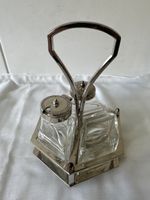 Art Deco Essig-Öl-Salz Menage, Vintage, Glas & Silberfarben