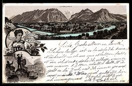 Lithographie Interlaken, Wanderer im Berner Oberland, Gesamt