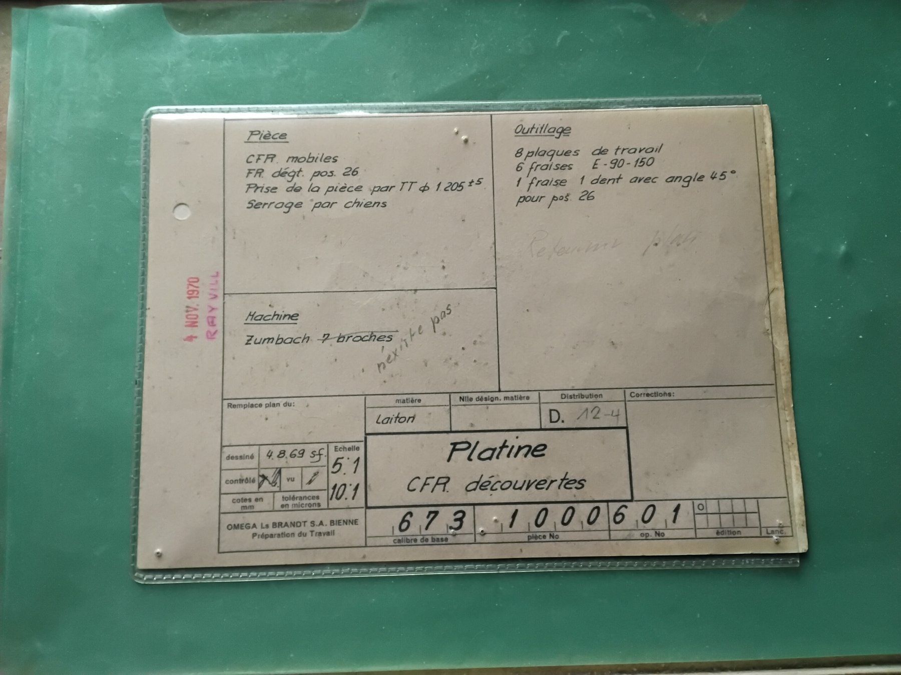 Documenti: Omega Platine  Control Blatt 1970 , Selten – Usato da Biel/Bienne venduto da taki25