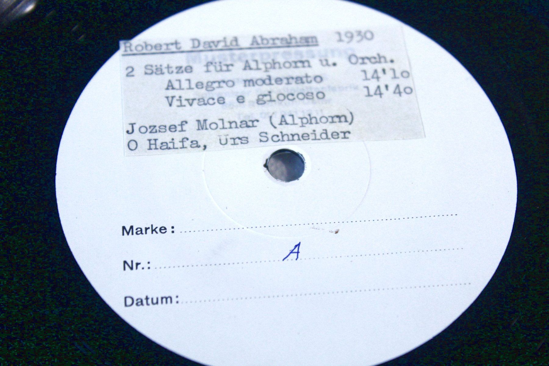 Schallplatten: ROBERT DAVID ABRAHAM / JEAN DAETWYLER Alphorn Testpressung M – Gebraucht aus Bern von kultiges 6