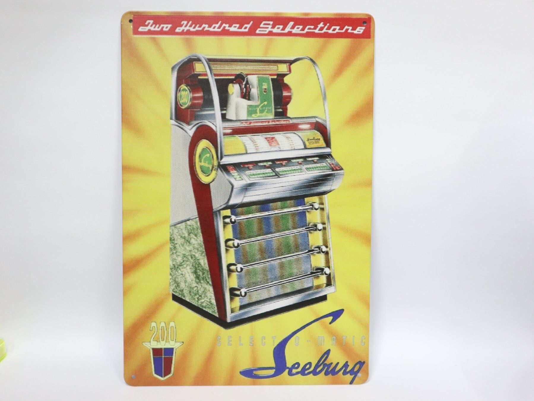 Seeburg Musiktruhen: Blechschild Jukebox Seeburg V200 1956 Musikbox – Neu (gemäss Beschreibung) aus Eschenbach SG von Astalavista