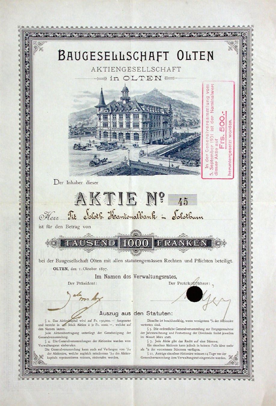 Documenti: Baugesellschaft Olten AG, Olten -1897 – Usato da Solothurn venduto da Sgasche