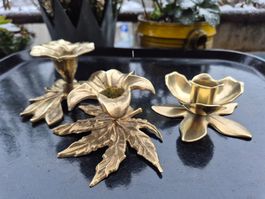 3er Set: Vintage Kerzenständer aus Messing, Blumen Design