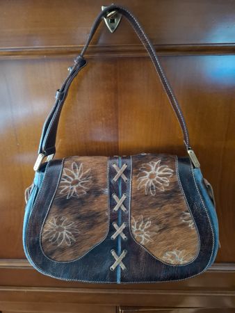 Borsa Yurena denim e pelle marrone 