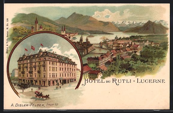 Cartoline postali: Litho Lucerne, Hotel du Rutli, Vue gén – Usato da Berlin venduto da bartko-reher