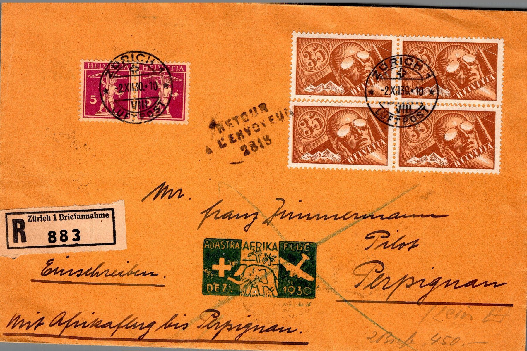 Alle Briefmarken: CH - Flugpost - Sonderflug - SF 30.12a - bis Perpignan – Gebraucht aus Rombach von VENTIS-Auktionen