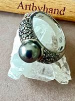 925 Silberring mit dunkler Zucht-Perle & Pavé Besatz