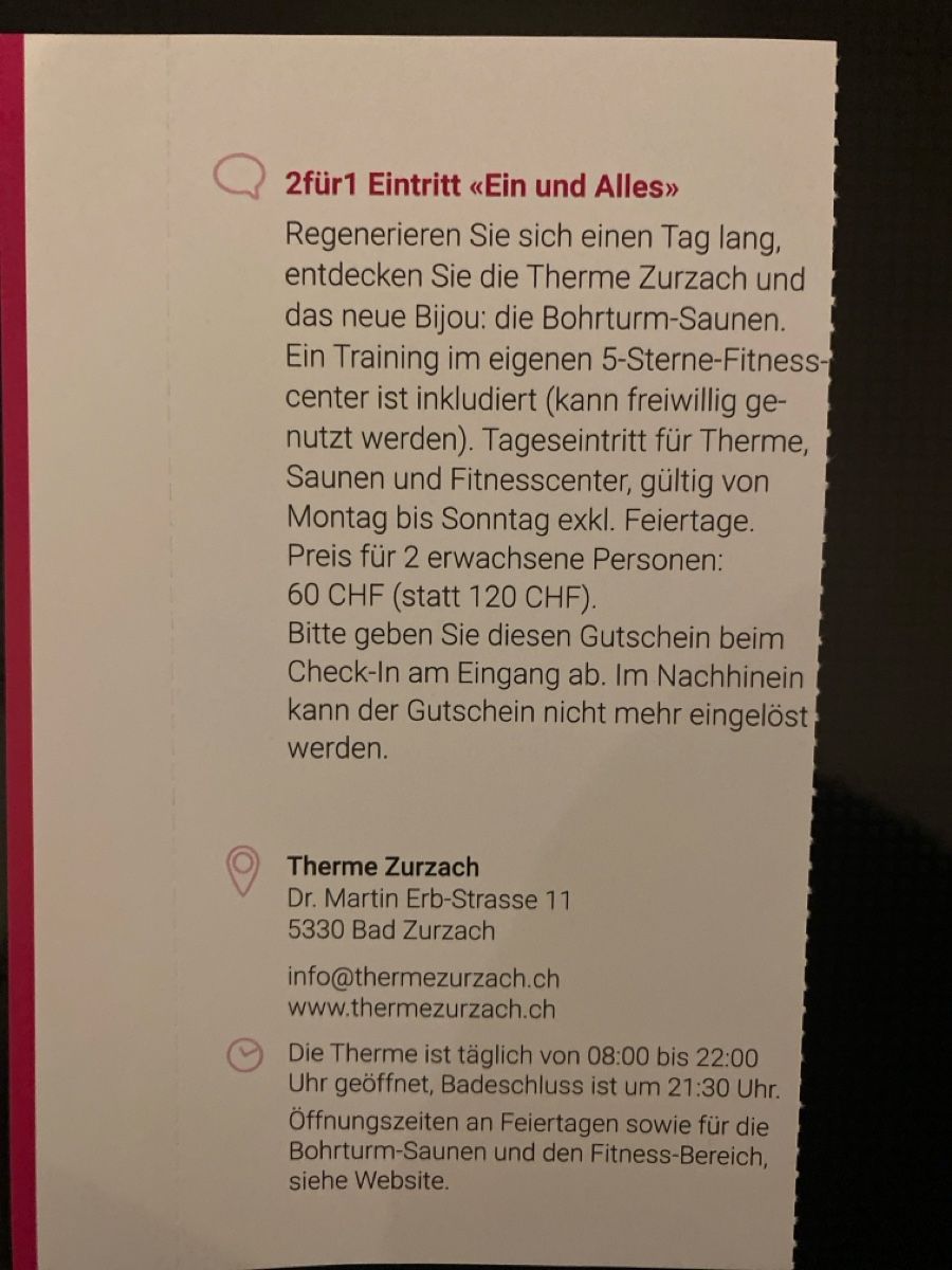 Therme Zurzach 2 für 1 Gutschein (Neu (gemäss Beschreibung)) in ...