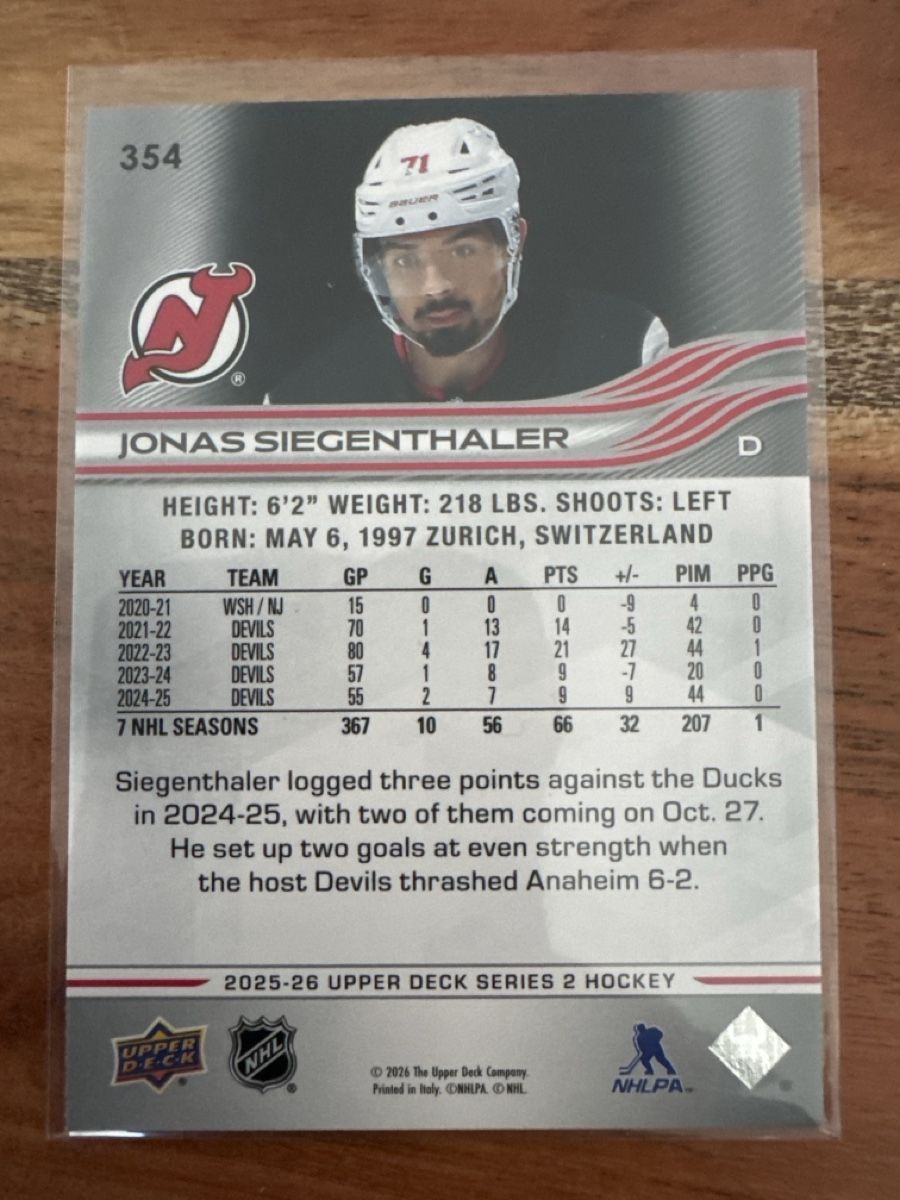 NHL Carte collezionabili: Jonas Siegenthaler New Jersey Devils Hockey Card Upper Deck – Usato da Grüningen venduto da Peterpan99 1