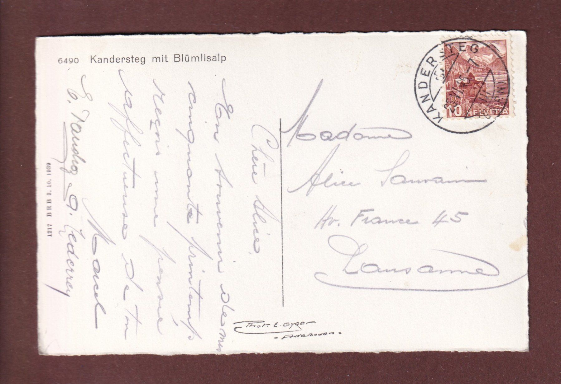 Cartoline postali: KANDERSTEG - Blümlisalp - 1945 – Usato da Pully venduto da nicecards 1