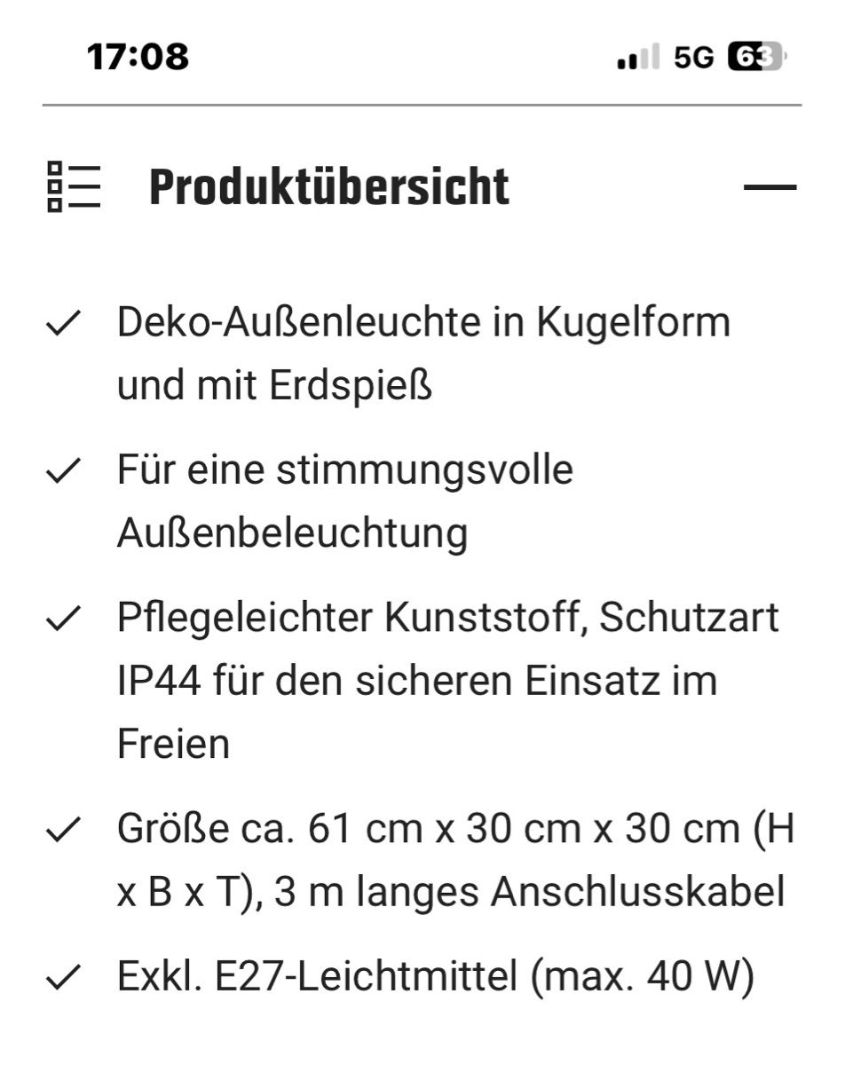 Lampade: Deko Aussenleuchte Kugel – Nuovo e nell'imballaggio originale da Sulz AG venduto da Zissi31324 5