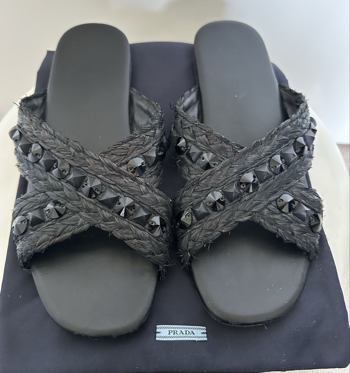 Prada Scarpe da donna: Prada Schlappen , Gr 38 , Raffia, Leder, schwarz  – Usato da Dornach venduto da Snow54 6