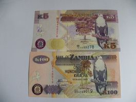 Zambia Banknoten Set, 5 und 100 Kwacha, Unzirkuliert