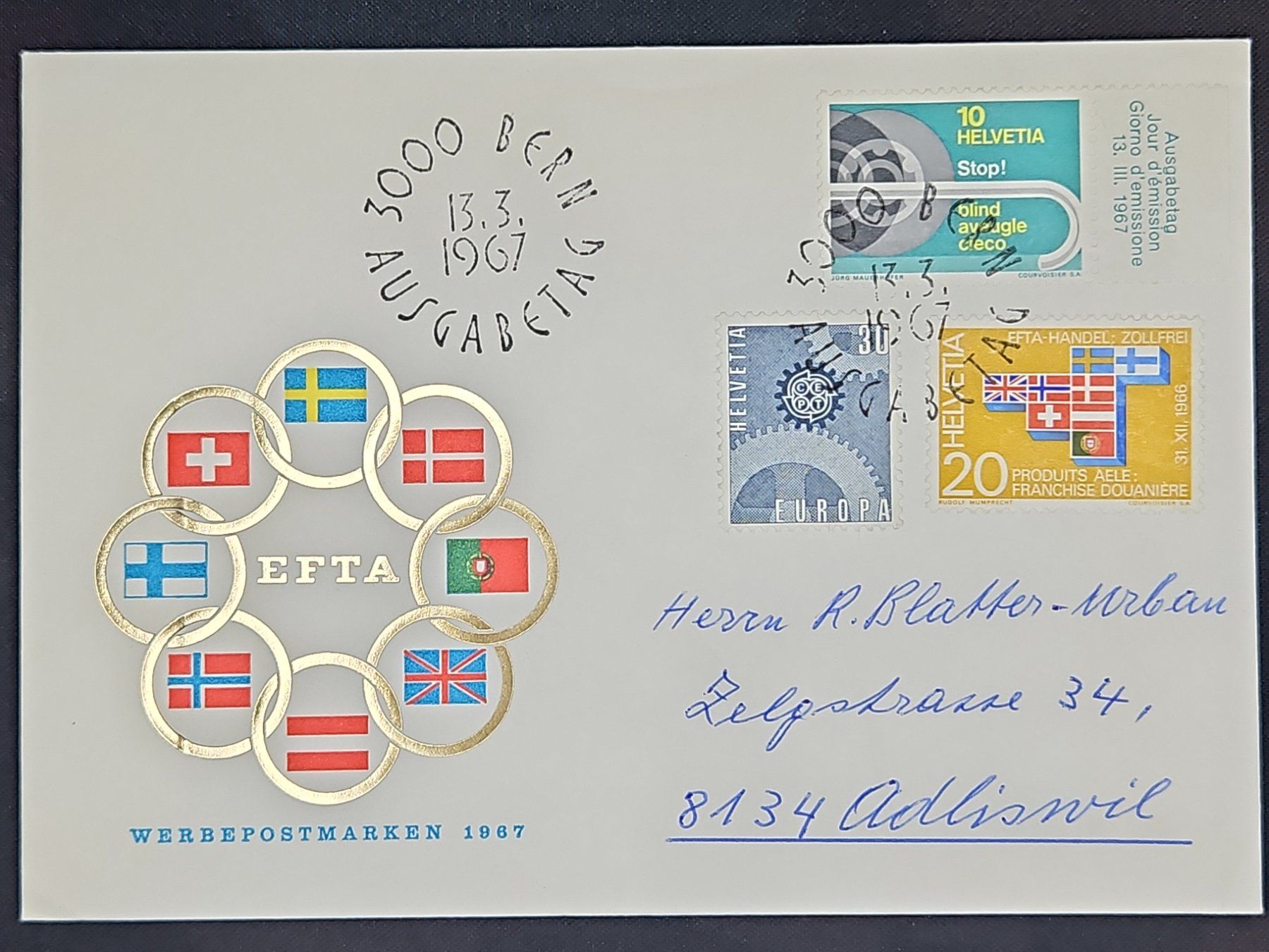 Tutti i francobolli: CL08 Enveloppe + Timbre Suisse 1967 – Usato da Cousset venduto da Patrick_Collections