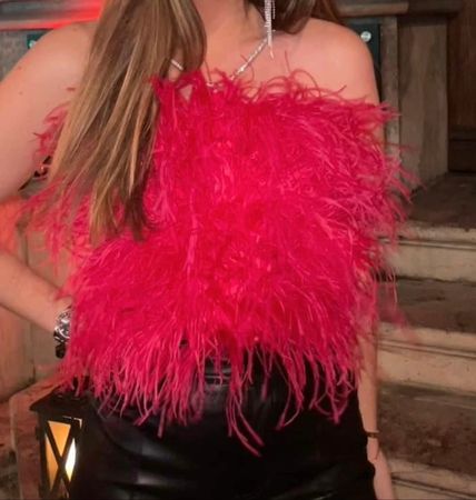 Top bustier plumes rose fuchsia festif, Taille S, État Top!
