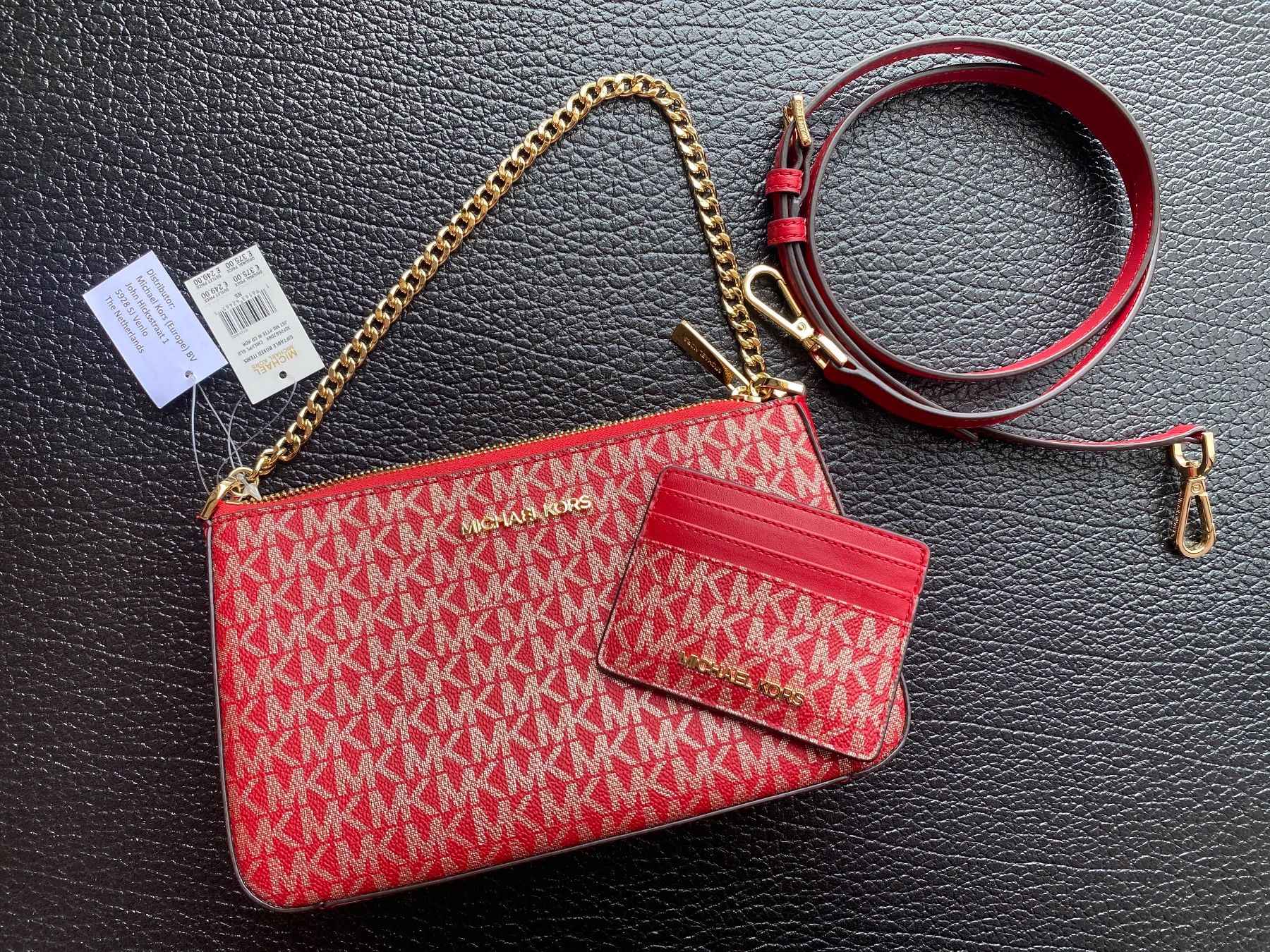 Michael Kors Borse da donna: Borsetta e portafoglio Michael Kors rosso e oro loggata – Nuovo e nell'imballaggio originale da Murten venduto da Moisa 1