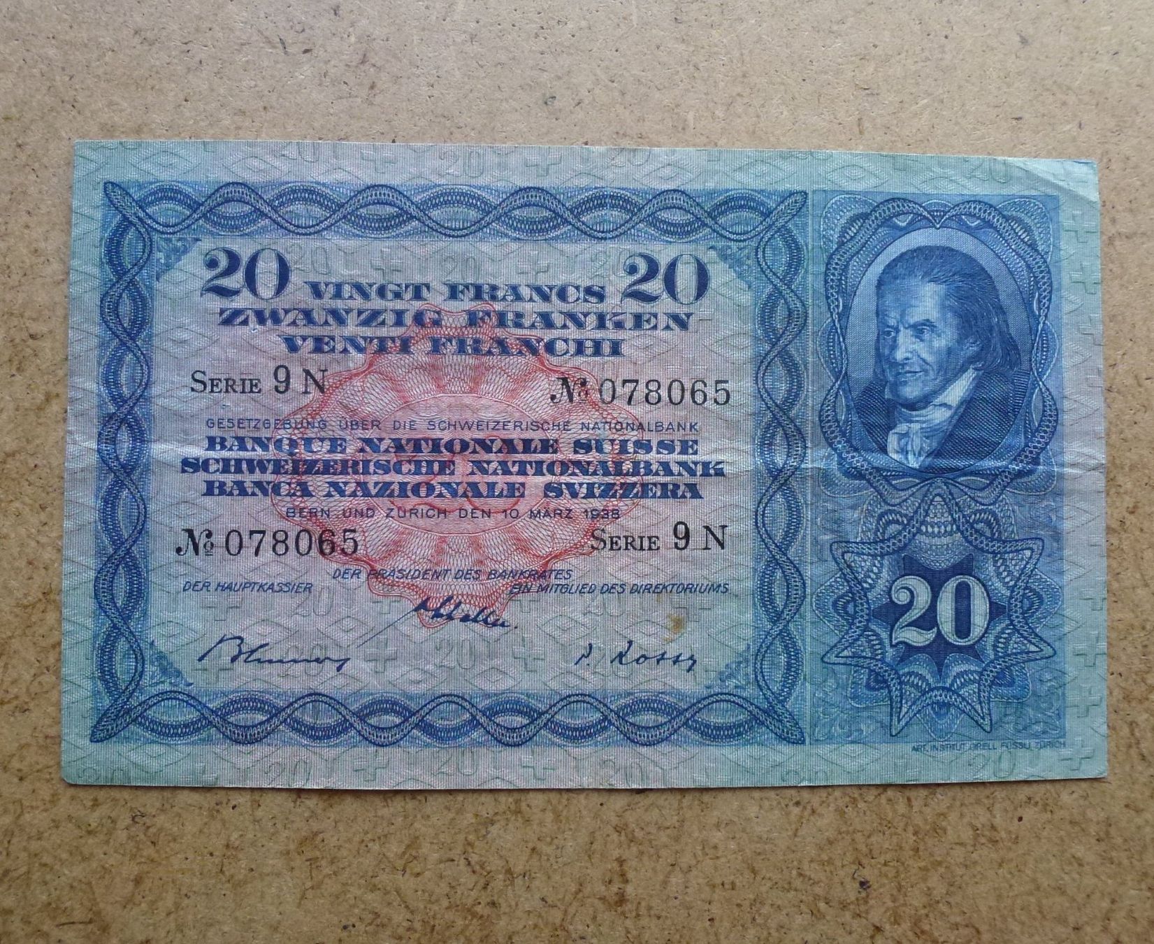 Banconote: ++ 20.- Franken 10. März 1938 – Usato da Walkringen venduto da Casablanca777