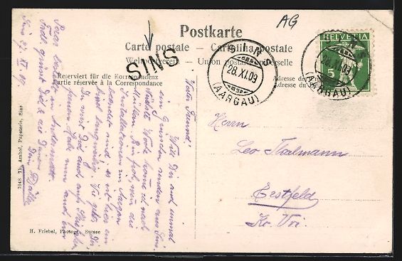 Cartoline postali: AK Sins, Ortspartie mit Kirche, 1909 – Usato da Berlin venduto da bartko-reher 1