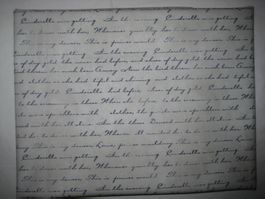 Baumwollstoff taupe mit blauer Schrift Reststück!