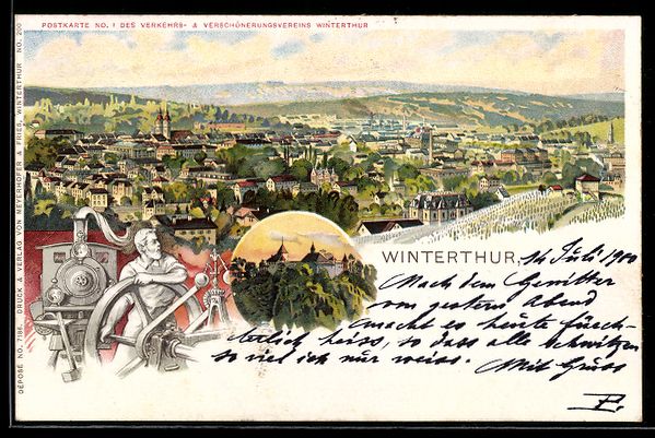 Cartes postales: Lithographie Winterthur, Panorama, Schloss, Arbeiter mit Eis – D'occasion à Berlin par bartko-reher