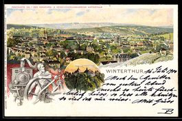 Lithographie Winterthur, Panorama, Schloss, Arbeiter mit Eis