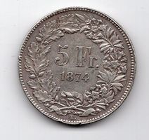 (1137) Schweiz, 5 Franken 1874 B. sitzende Helvetia, ss
