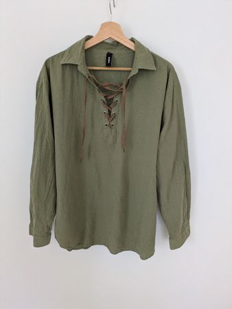 Ouku Herrenhemd, Gr. 2XL, Khaki-Ton, Schnürung, Top Zustand