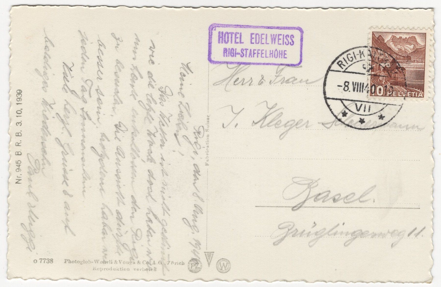 Cartoline postali: HOTEL EDELWEISS RIGI-STAFFELHÖHE – Usato da Eglisau venduto da Chperfins 1