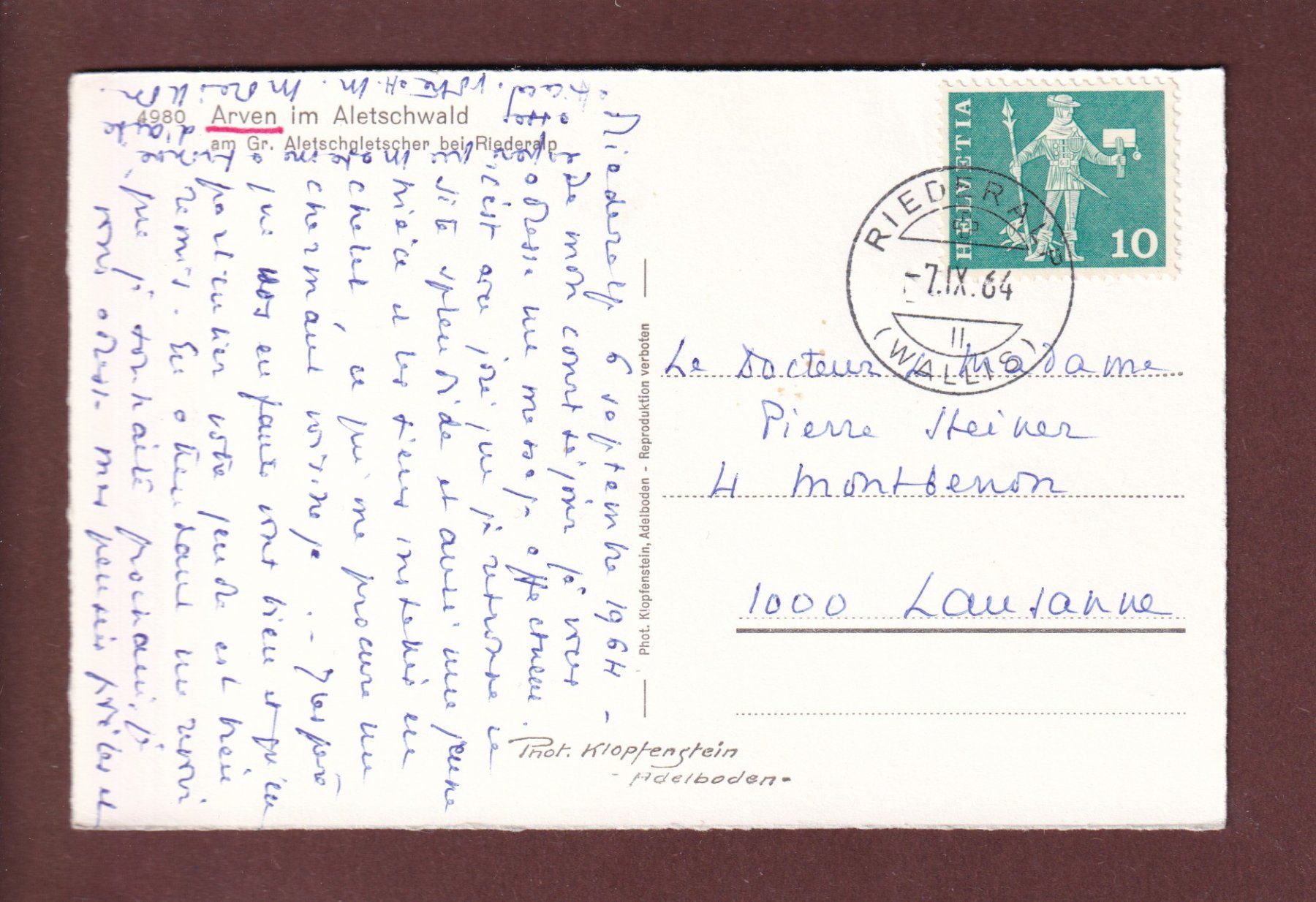 Cartoline postali: ARVEN im Aletschwald - 1964 – Usato da Pully venduto da nicecards 1