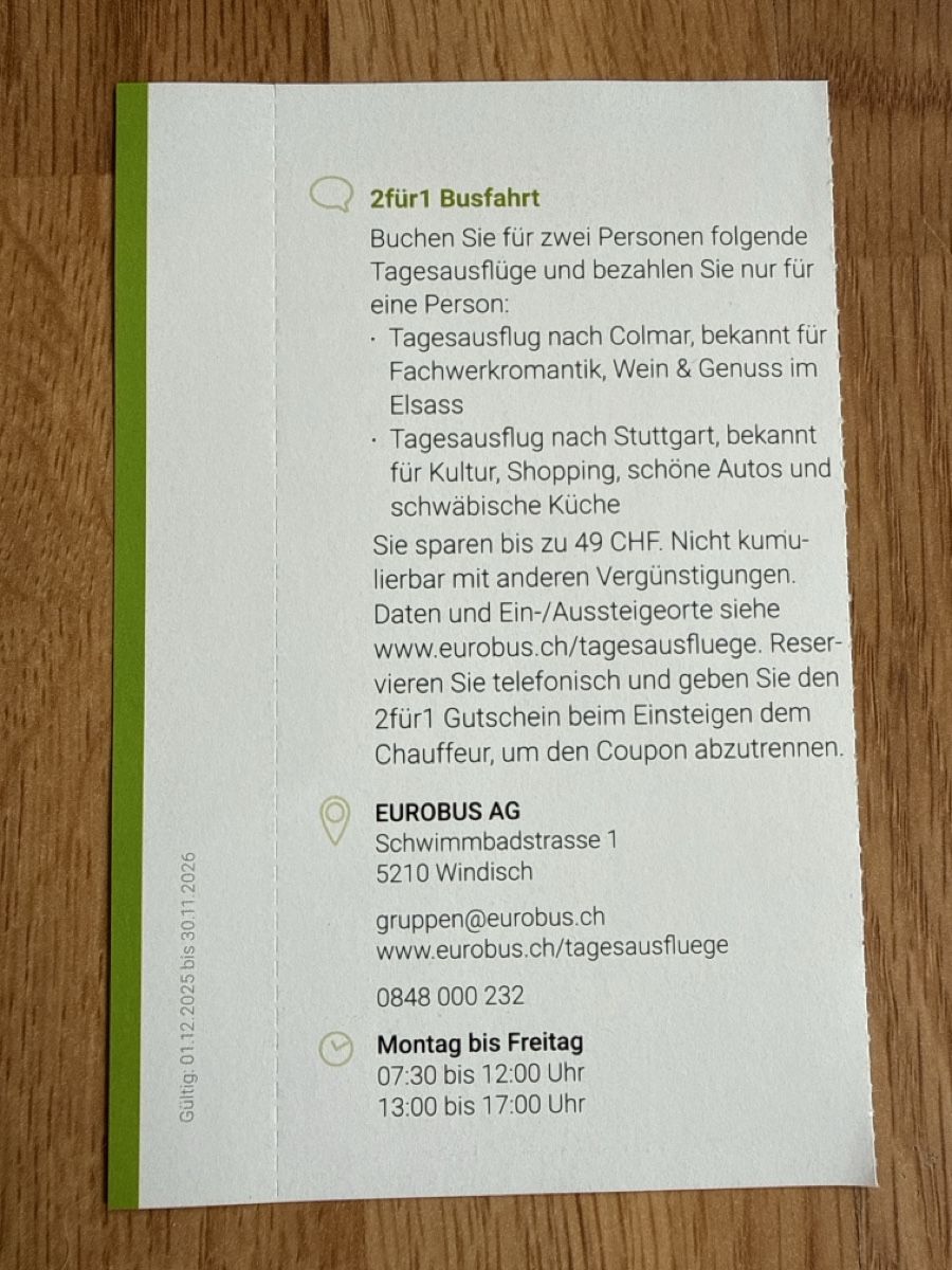 Gutscheine: Eurobus 2für1 Busfahrt Colmar oder Stuttgart – Neu (gemäss Beschreibung) aus Gränichen von cat_lady 1