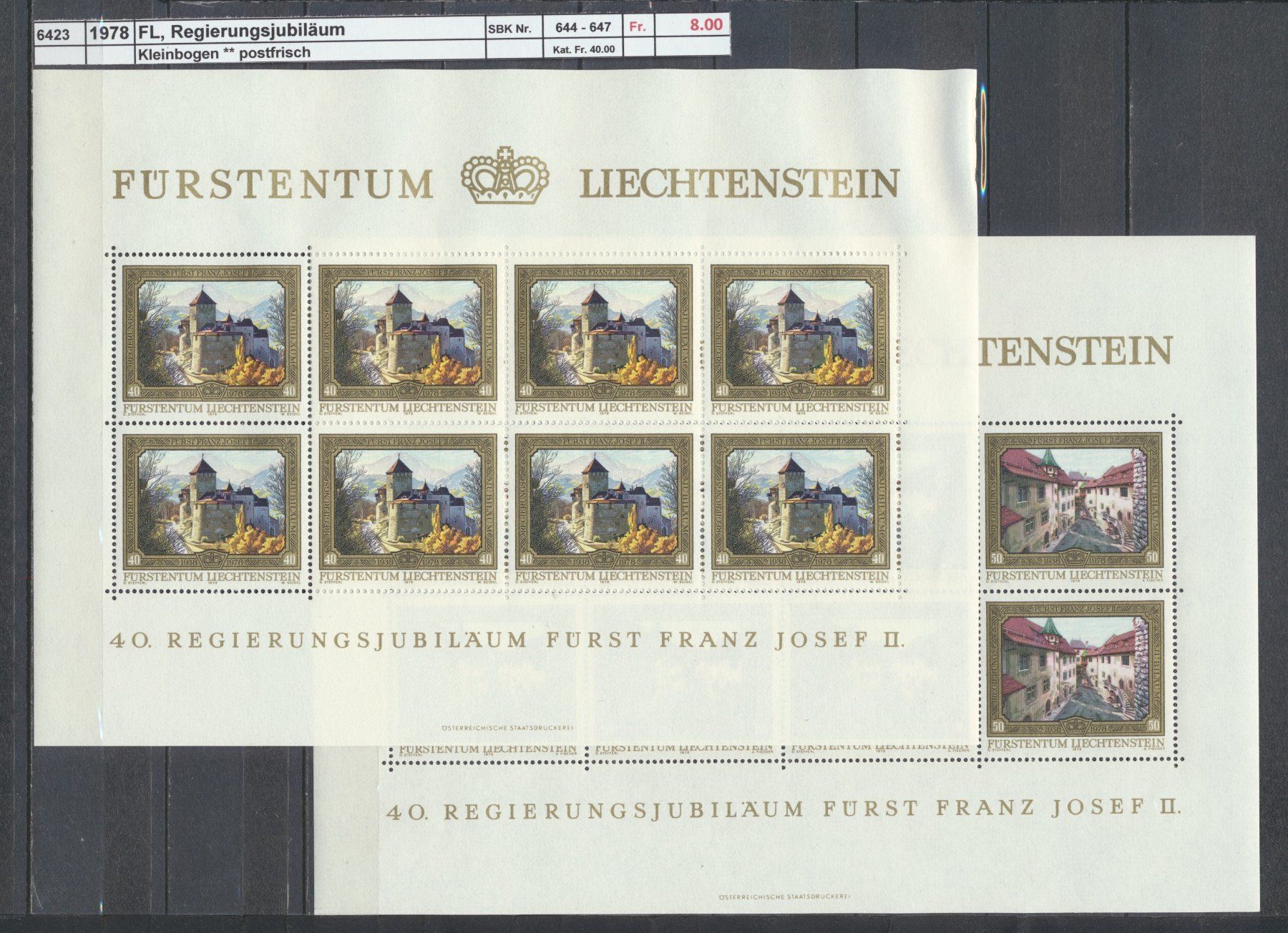 Tutti i francobolli: 1978 FL, "Regierungsjubiläum", Kleinbogen, ** postfrisch – Nuovo (secondo la descrizione) da Winterthur venduto da Zupogeru