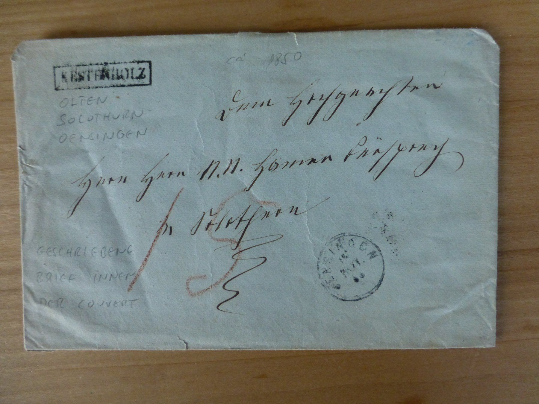 Tous les timbres: Kestenholz, Brief nach Solothurn ?? ca. 1850 – D'occasion à Bettlach par 1saurer