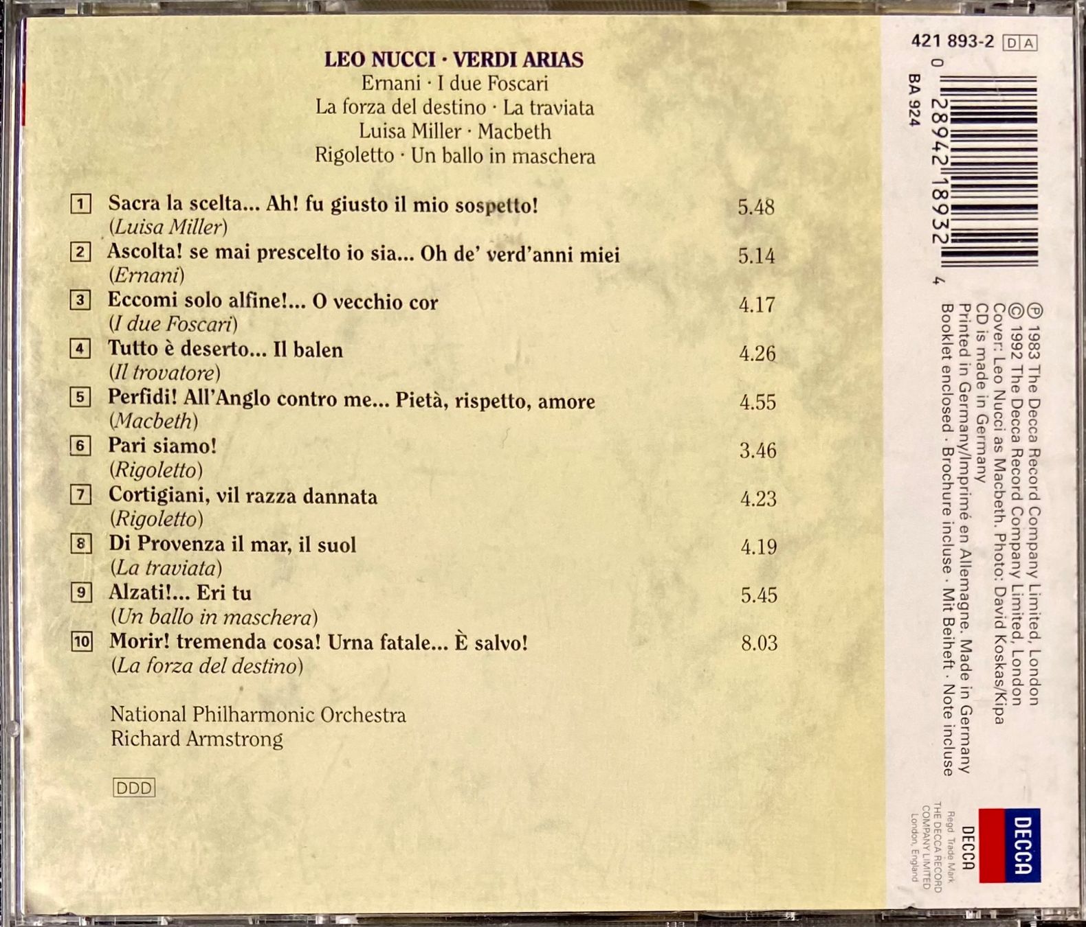 CD: CD LEO NUCCI • VERDI ARIAS • Oper Arien – Usato da Luzern venduto da Lycka 1