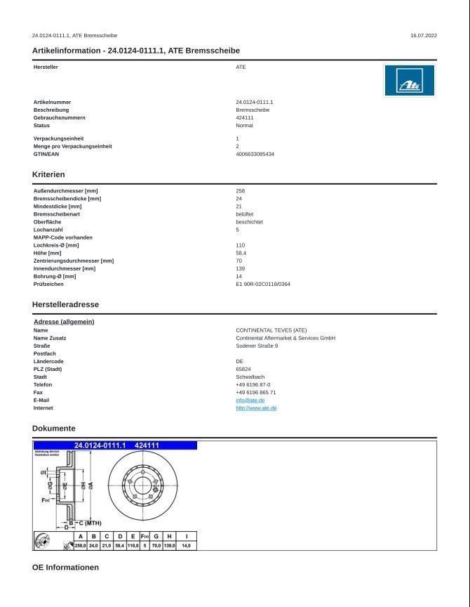Opel Tutti pezzi di ricambio auto: Bremsscheiben ATE zu Opel Omega – Nuovo e nell'imballaggio originale da Wiesendangen venduto da Transit175 5