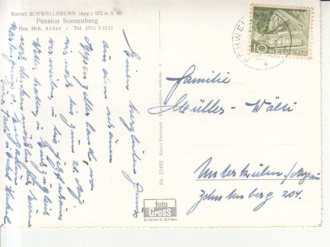 Cartoline postali: Schwellbrunn Sonnenberg 1958 – Usato da Bürglen TG venduto da StampGraf 1