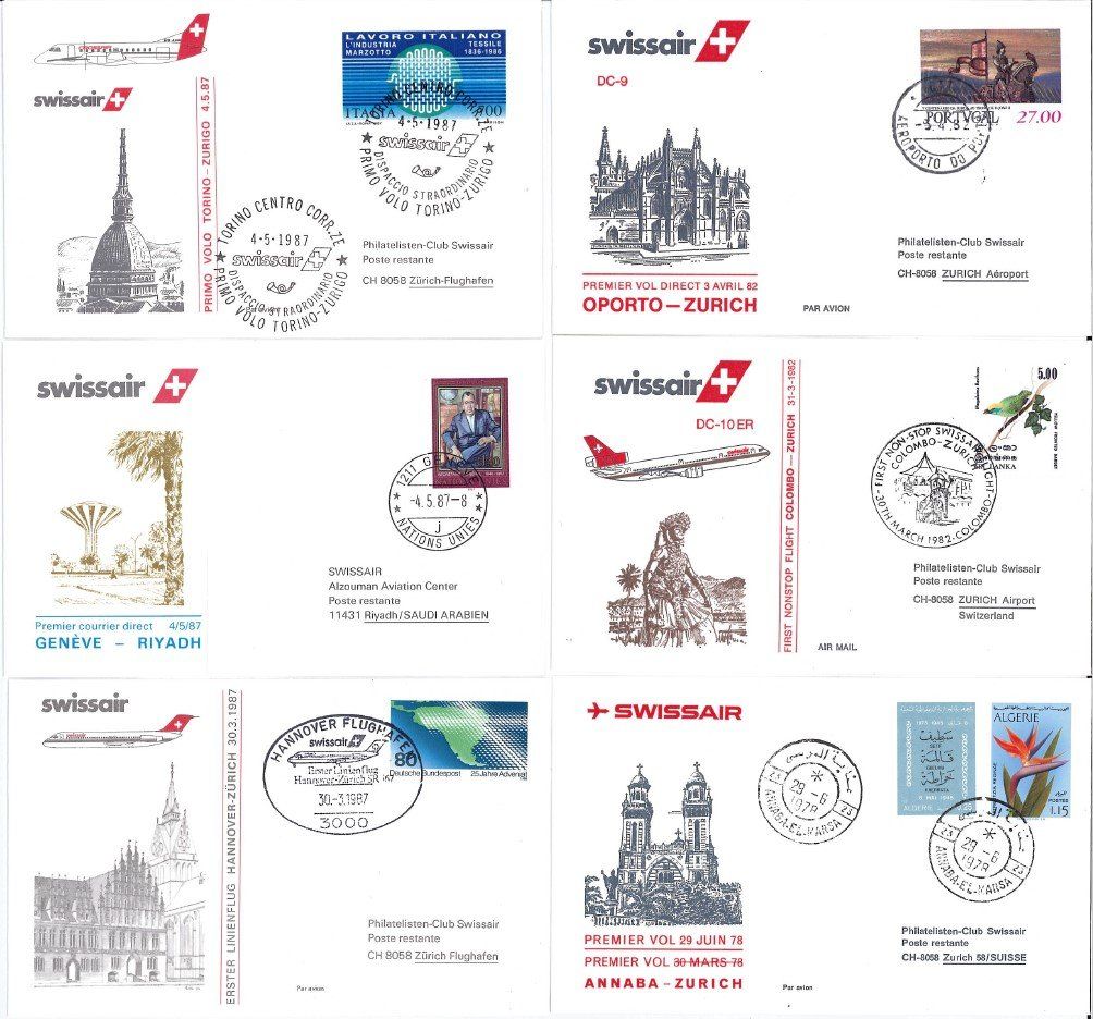 Tutti i francobolli: 6 Swissair Erstflugpost Briefe – Usato da Bellach venduto da qsearch