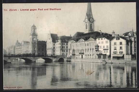 Cartoline postali: Zürich, Limmat gegen Post und Stadthaus – Usato da Berlin venduto da bartko-reher