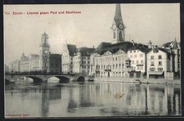 Zürich, Limmat gegen Post und Stadthaus