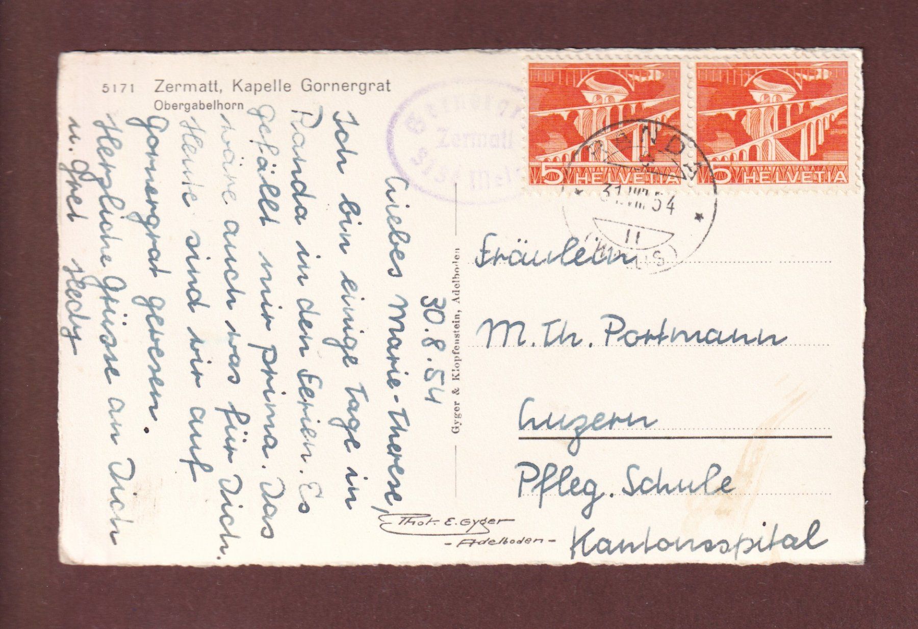 Ansichtskarten: Zermatt - Kapelle GORNERGRAT - 1954 – Gebraucht aus Pully von nicecards-shop 1