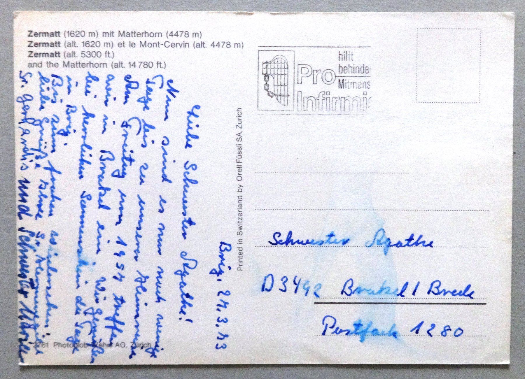 Cartoline postali: Zermatt (1620 m) mit Matterhorn – Difettoso da Fétigny venduto da Billy2miny 1