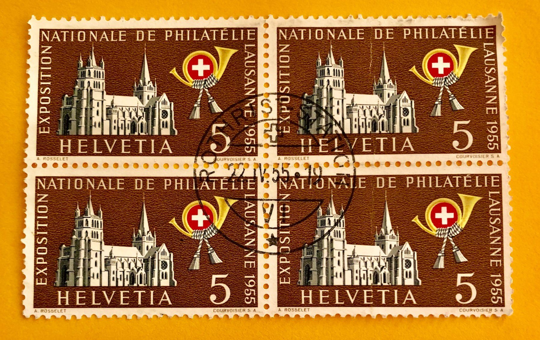 Alle Briefmarken:  Viererblock Nr.320 Stempelt Rothrist 1955   – Gebraucht aus Aarau von Billa007