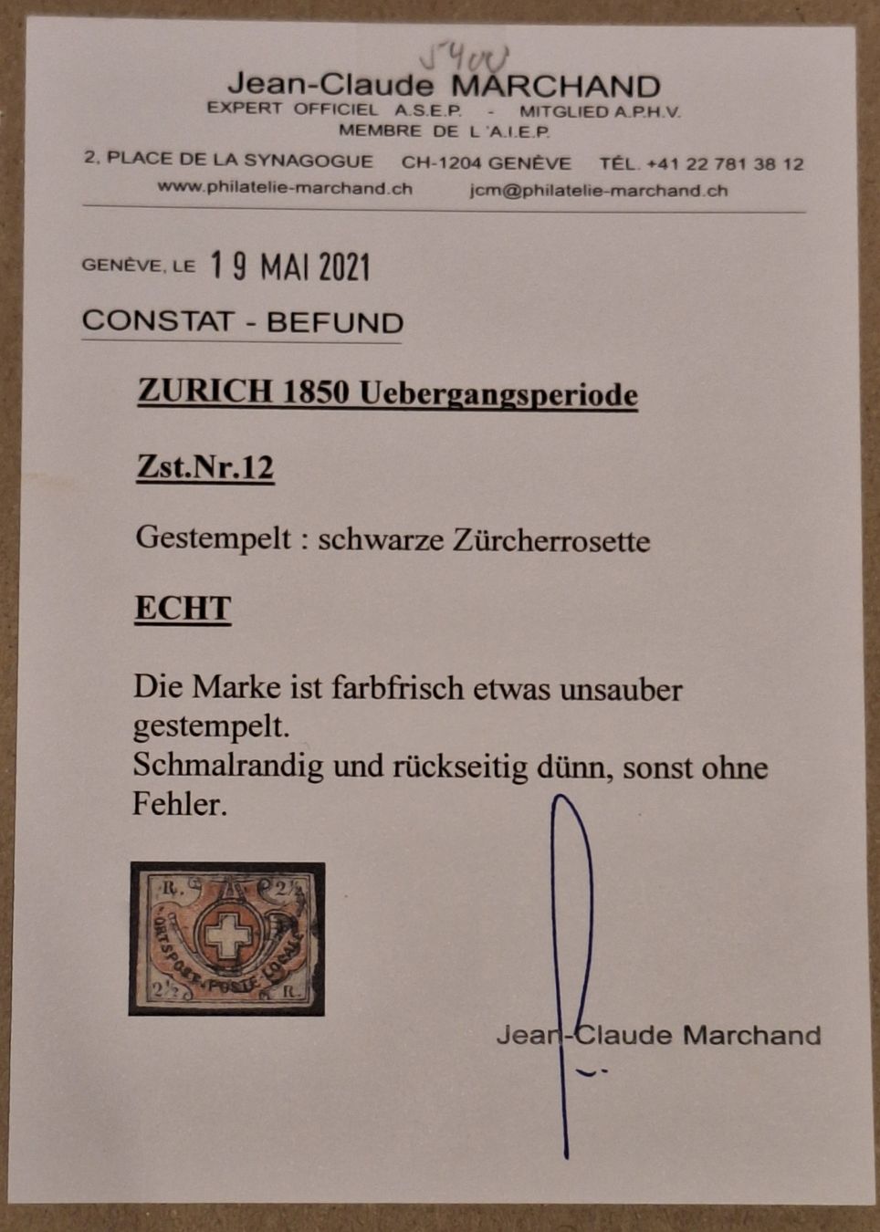 Tutti i francobolli: Nr. 12 Winterthur / Übergangsperiode Kat. 5400.- mit Attest – Usato da Balgach venduto da SIMEON27 2